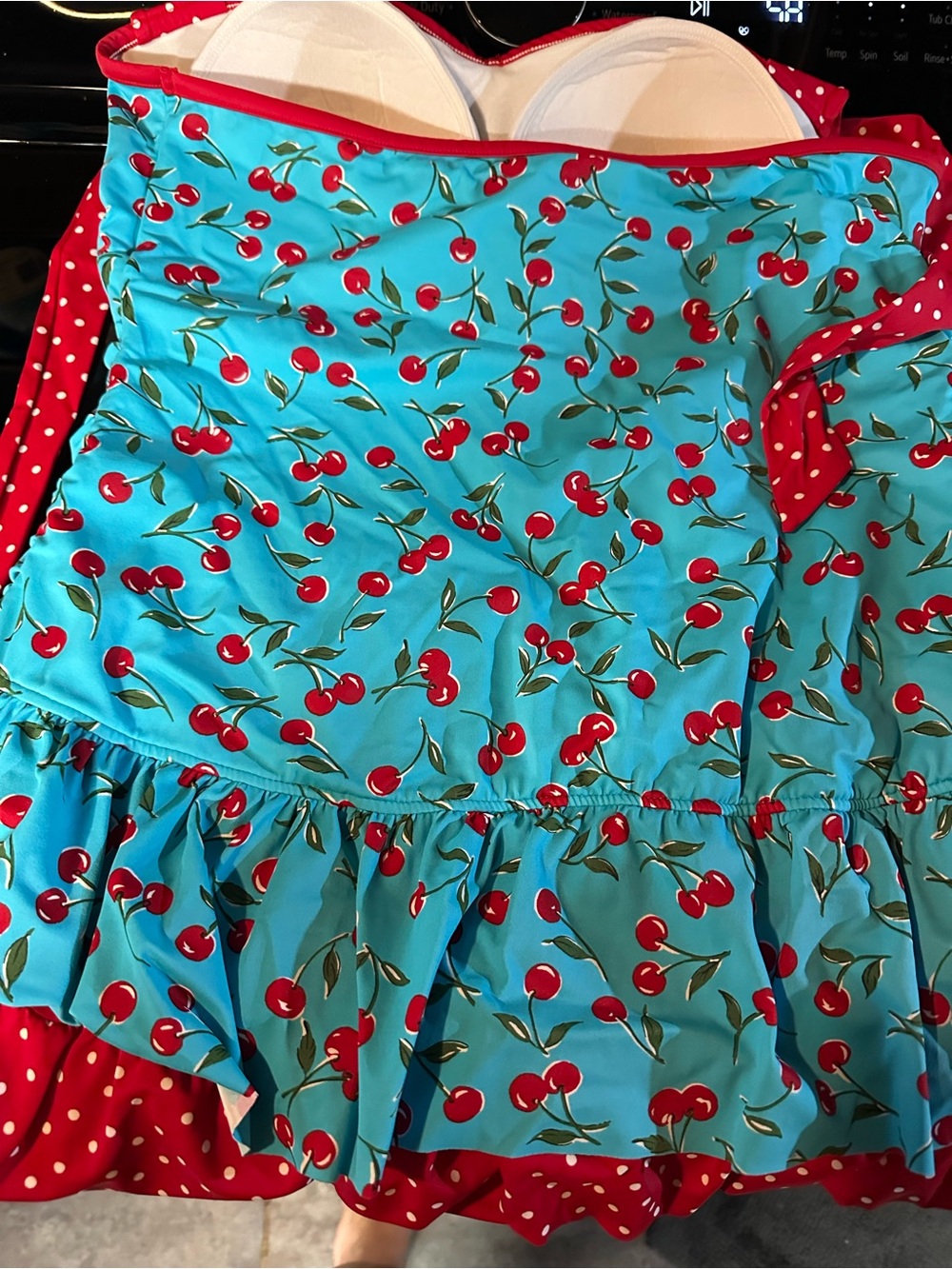 Catalina red and turquoise swimsuit label
